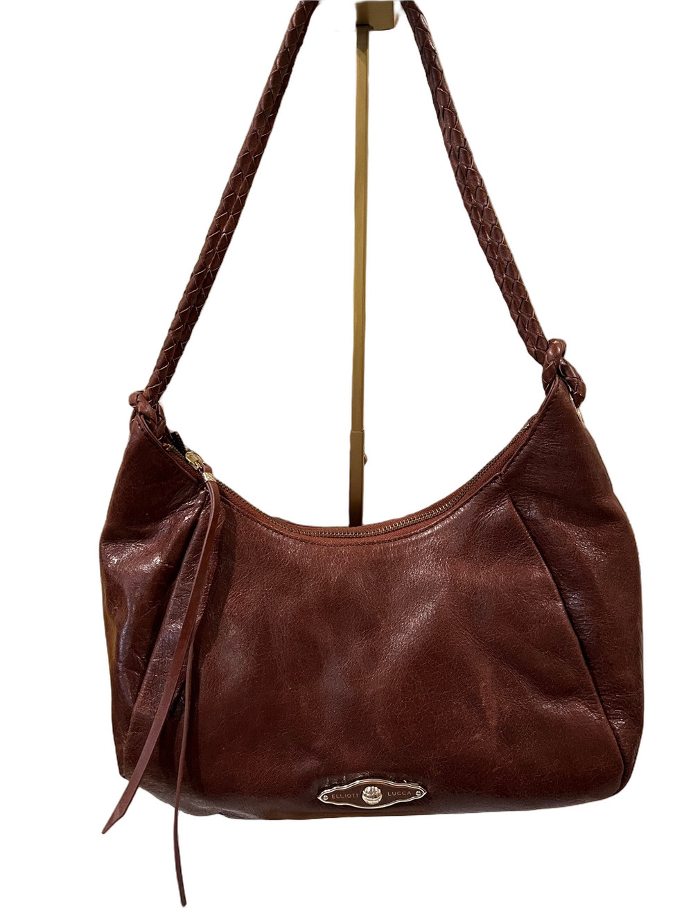 Elliott Lucca Braided-Strap Hobo in Deep Brown Leather - has some marks